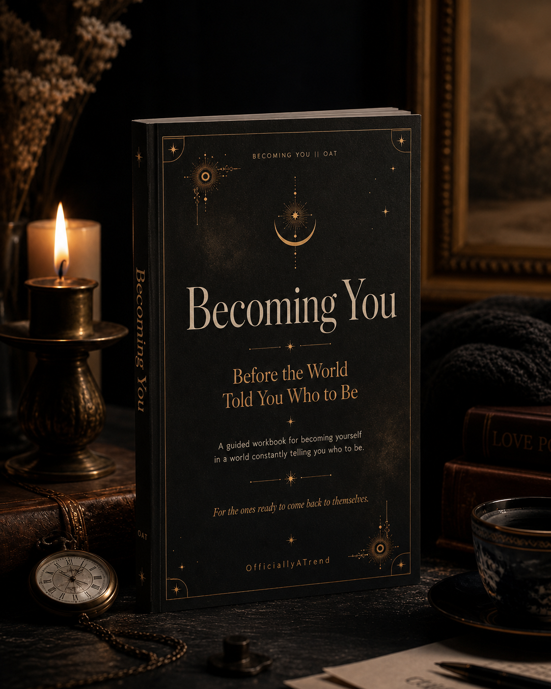 Becoming You, a guided workbook with a matte cover and restrained gold lettering
